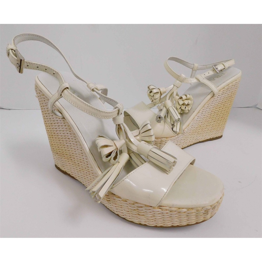 Prada Off White Patent Leather Strappy Straw Platform Wedges Italy 36.5